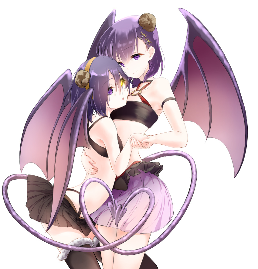 2girls absurdres bare_shoulders black_legwear black_skirt commentary_request crop_top demon_girl demon_horns demon_tail demon_wings gabriel_dropout hair_ornament hairband hairclip hand_on_another's_back heart heart_tail heterochromia highres holding_hands horns hug kurona_mei leaning_forward looking_at_viewer medium_hair midriff miniskirt multiple_girls open_mouth pleated_skirt purple_hair purple_skirt sazanka short_hair skirt smile tail tsukinose_vignette_april violet_eyes wings x_hair_ornament yellow_eyes