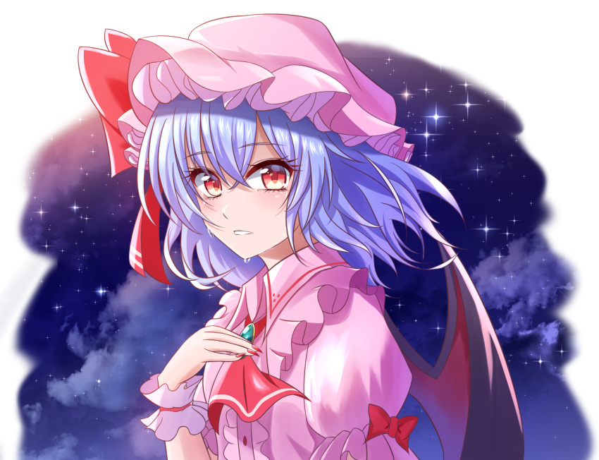 1girl ascot bangs bat_wings blue_hair bow brooch center_frills clouds commentary_request crying crying_with_eyes_open dress eyebrows_visible_through_hair eyelashes fingernails hair_between_eyes hand_on_own_chest hat hat_bow jewelry looking_at_viewer mob_cap nail_polish night night_sky outdoors parted_lips partial_commentary pink_dress pink_headwear puffy_short_sleeves puffy_sleeves red_bow red_eyes red_nails red_neckwear remilia_scarlet sharp_fingernails short_hair short_sleeves sky solo souyoru sparkle tears touhou upper_body wing_collar wings wrist_cuffs