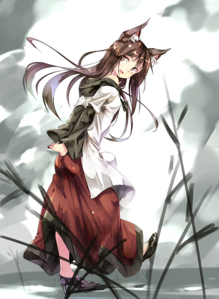 1girl :d animal_ear_fluff animal_ears arms_behind_back brown_hair fang full_body gorilla_(bun0615) highres imaizumi_kagerou long_hair long_skirt long_sleeves looking_at_viewer open_mouth shirt skirt smile touhou wolf_ears