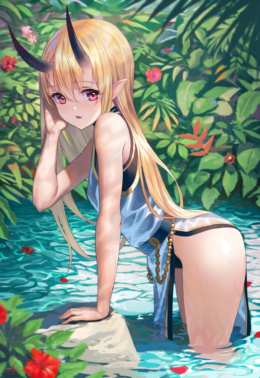 1girl arm_support bangs bare_arms bare_shoulders belt black_swimsuit blonde_hair bush demon_girl dress eyebrows_visible_through_hair flower from_side hair_between_eyes highres leaning_forward long_hair looking_at_viewer one-piece_swimsuit oni_horns original parted_lips pelvic_curtain pink_eyes pointy_ears pond red_flower rock see-through signature sion_(9117) skirt skirt_lift solo standing swimsuit thighs very_long_hair wading water wet wet_clothes wet_dress white_dress