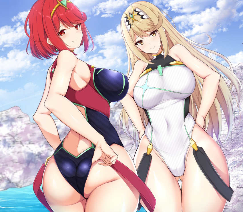 2girls ass ass_visible_through_thighs bangs bare_shoulders black_swimsuit blue_sky blush breasts closed_mouth clouds commentary_request covered_navel eyebrows_visible_through_hair from_behind headpiece highres mythra_(xenoblade) pyra_(xenoblade) large_breasts looking_at_viewer multiple_girls navel noeomi outdoors partially_submerged redhead see-through sideboob sky smile standing swept_bangs swimsuit thighs tiara water xenoblade_(series) xenoblade_2 yellow_eyes