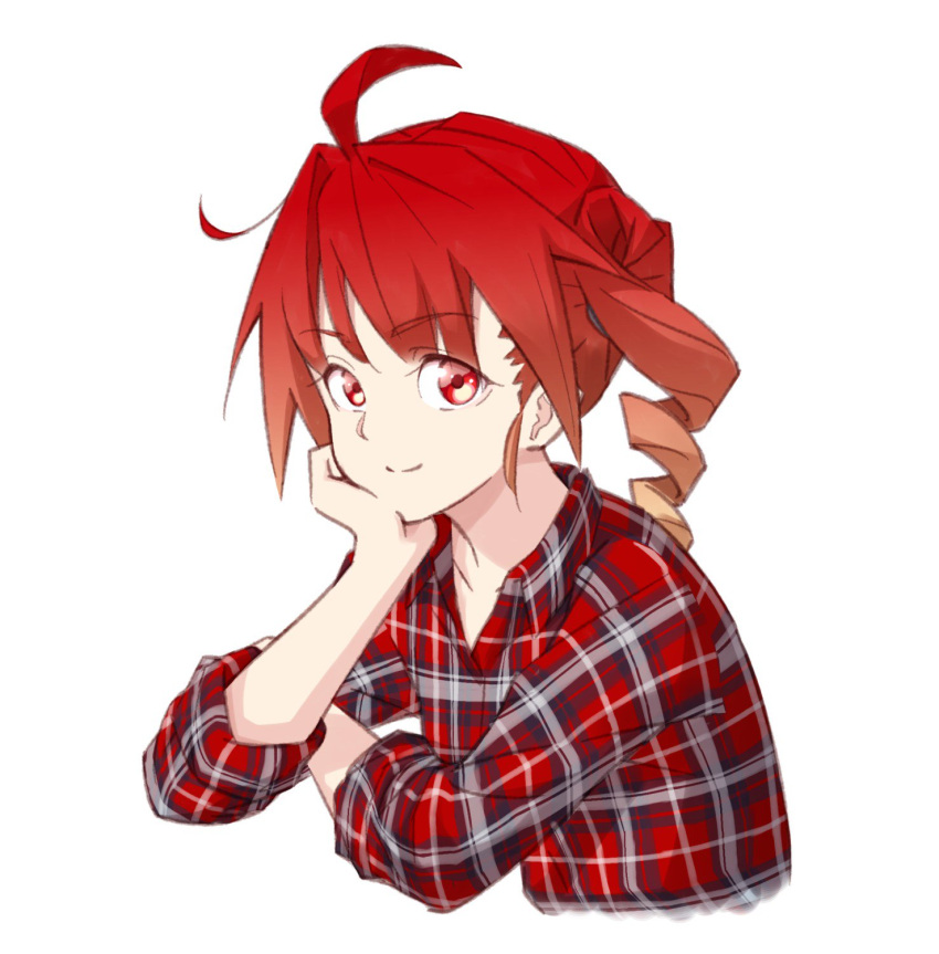 1girl ahoge anco8pizz arm_rest collarbone commentary cropped_torso drill_hair head_rest highres kasane_teto leaning_forward looking_at_viewer looking_to_the_side plaid plaid_shirt red_eyes redhead shirt sitting sleeves_rolled_up smile solo upper_body utau v-shaped_eyebrows white_background