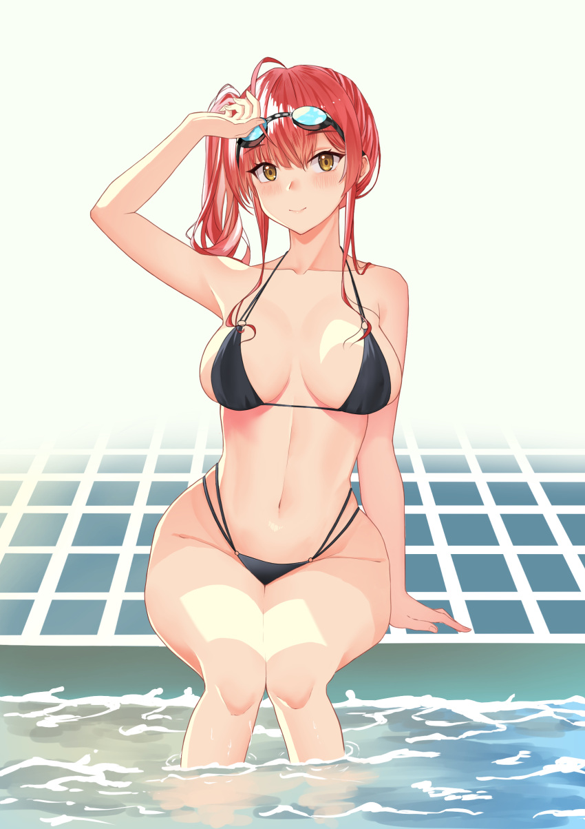 1girl absurdres ahoge alternate_costume arm_support arm_up azur_lane bangs bare_shoulders bikini black_bikini blush breasts brown_eyes closed_mouth collarbone foreshortening goggles goggles_on_head hair_between_eyes hand_on_forehead highres large_breasts long_hair looking_at_viewer multi-strapped_bikini navel nekoma0116 o-ring o-ring_bikini pool poolside redhead side_ponytail simple_background sitting smile soaking_feet solo swimsuit thick_thighs thighs tile_floor tiles water white_background wide_hips zara_(azur_lane) zara_(poolside_coincidence)_(azur_lane)