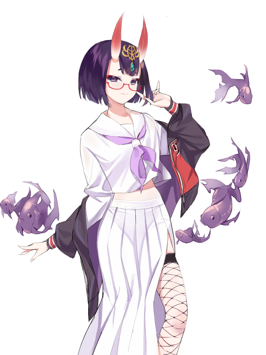 1girl absurdres bangs black_jacket blush bob_cut breasts closed_mouth commentary_request crop_top eyeliner fang fate/grand_order fate_(series) fish fishnet_legwear fishnets glasses headpiece highres horns jacket long_skirt long_sleeves looking_at_viewer makeup midriff neckerchief off_shoulder oni oni_horns open_clothes open_jacket pleated_skirt purple_hair purple_neckwear red-framed_eyewear revision sailor_collar school_uniform serafuku shirt short_eyebrows short_hair shuten_douji_(fate/grand_order) simple_background skirt small_breasts smile solo thighs violet_eyes wenwen_e white_background white_shirt white_skirt