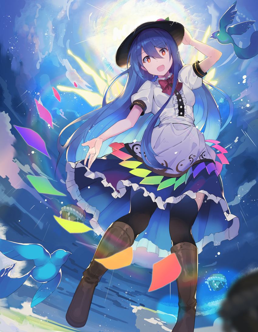 1girl :d arm_up bangs bird black_headwear black_legwear blouse blue_hair blue_skirt blue_sky boots bow bowtie breasts brown_footwear center_frills clouds commentary_request eyebrows_visible_through_hair food fruit hair_between_eyes hand_on_headwear highres hinanawi_tenshi keystone knee_boots leaf long_hair looking_at_viewer medium_breasts open_mouth outdoors peach puffy_short_sleeves puffy_sleeves red_bow red_eyes red_neckwear rin_falcon rope shide shimenawa short_sleeves skirt sky smile solo thigh-highs touhou very_long_hair white_blouse