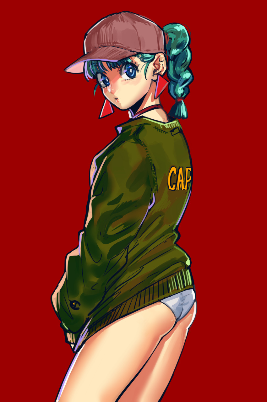 1girl alternate_hairstyle ass baseball_cap blue_eyes braid bulma choker dragon_ball dragon_ball_(classic) flat_ass green_hair green_jacket hat highres jacket jacket_tug looking_at_viewer mole mole_on_neck no_pants okada_(hoooojicha) panties ponytail red_background red_choker red_earrings single_braid solo standing teenage underwear white_panties