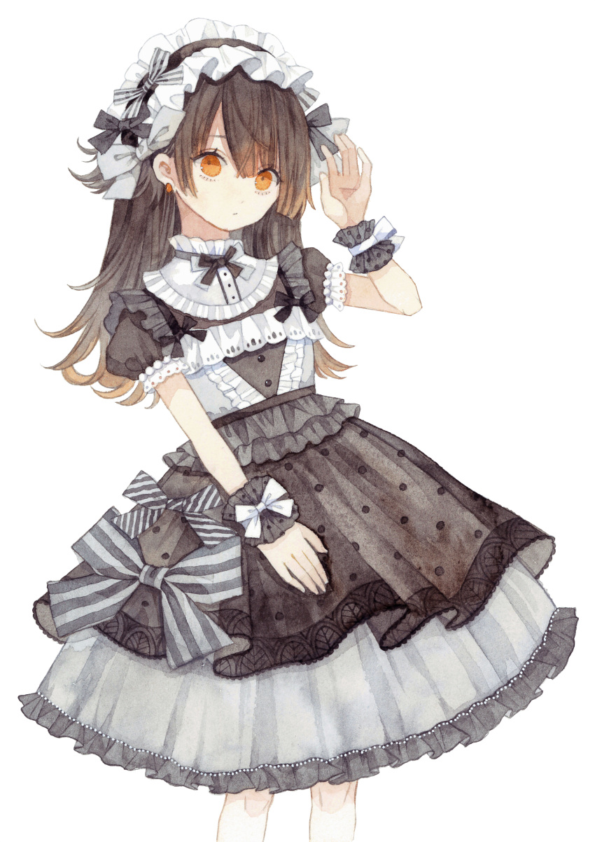 1girl absurdres bangs black_bow black_dress bow brown_eyes brown_hair commentary_request dress earrings expressionless frilled_dress frilled_hairband frilled_shirt_collar frills gothic_lolita grey_bow hair_bow hairband hand_up highres jewelry lolita_fashion lolita_hairband long_hair looking_at_viewer original short_sleeves simple_background solo striped striped_bow traditional_media uni_(setsuna_gumi39) watercolor_(medium) white_background white_bow wrist_bow wrist_cuffs