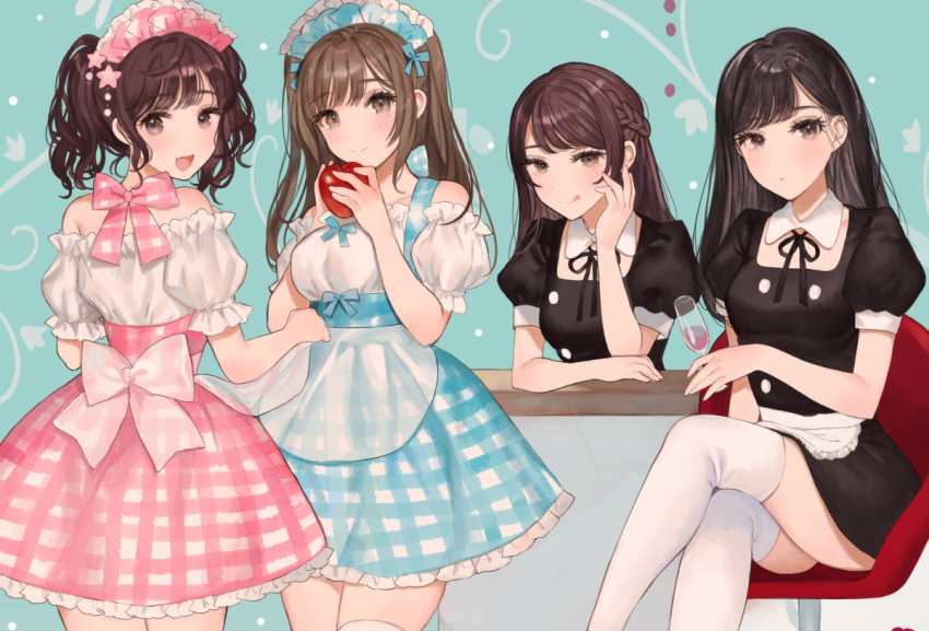 4girls :d :q bare_shoulders black_dress black_hair black_ribbon blue_skirt blush bow breasts brown_eyes brown_hair chair closed_mouth collar commentary_request crossed_legs detached_collar dress fang frilled_skirt frills long_hair maid maid_headdress medium_breasts miyako_(xxxbibit) multiple_girls neck_ribbon off-shoulder_shirt off_shoulder on_chair open_mouth original pink_skirt plaid plaid_skirt puffy_short_sleeves puffy_sleeves ribbon shirt short_sleeves sitting skirt smile thigh-highs tongue tongue_out twintails white_bow white_collar white_legwear white_shirt