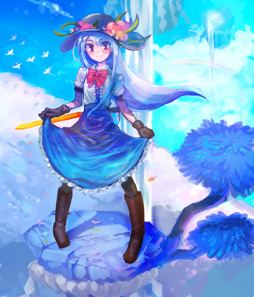 1girl bird black_headwear blue_hair blue_skirt boots bow brown_footwear clouds commentary erty113 food frills fruit gloves hat highres hinanawi_tenshi keystone long_hair peach rainbow red_bow red_eyes rope shide shimenawa shirt short_sleeves skirt skirt_hold sky smile solo sword_of_hisou touhou tree water waterfall white_shirt