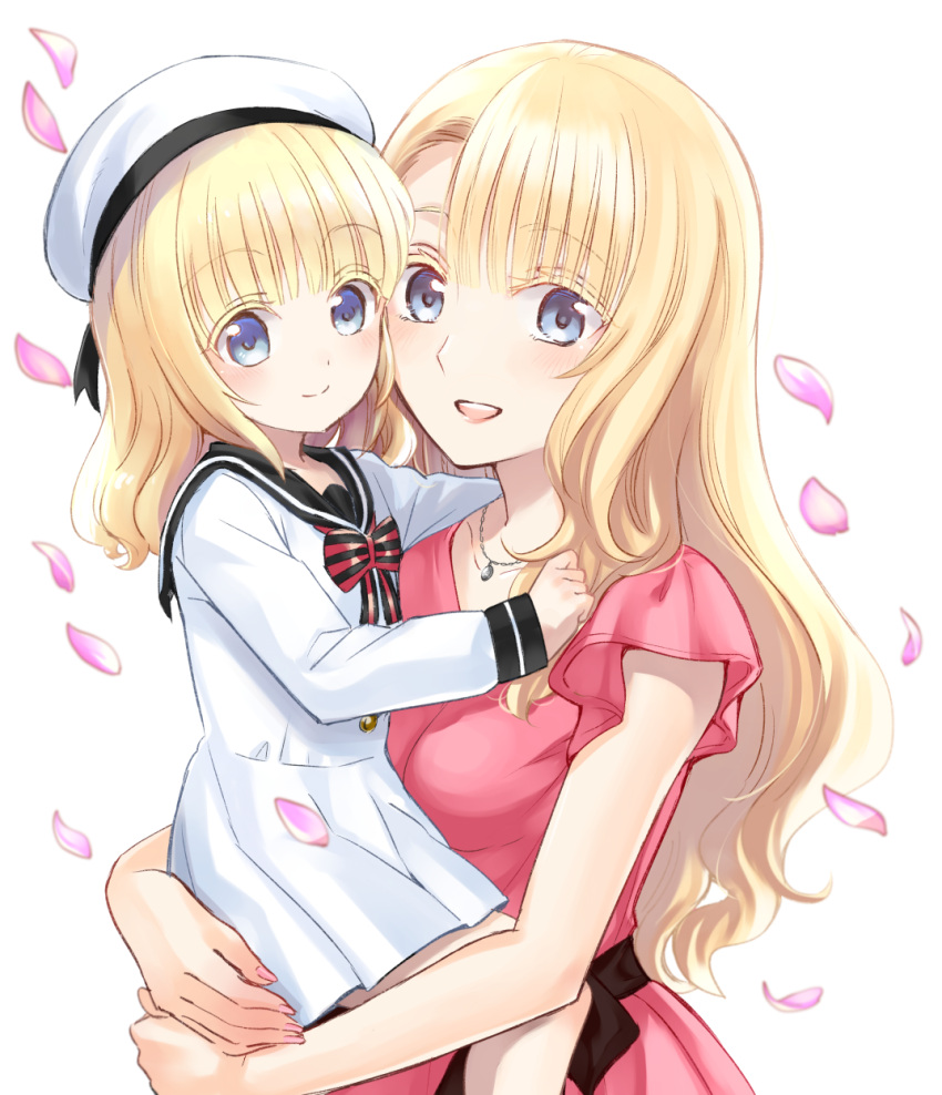 2girls :d bangs beret black_sailor_collar blonde_hair blue_eyes blush bow carrying child collarbone colored_eyelashes commentary_request dress eyebrows_visible_through_hair fingernails hat highres jewelry juliet_persia kishuku_gakkou_no_juliet long_hair long_sleeves looking_at_viewer mother_and_daughter multiple_girls nail_polish natsupa open_mouth original pendant petals pink_dress pink_nails sailor_collar sailor_dress short_sleeves simple_background smile striped striped_bow very_long_hair white_background white_dress white_headwear