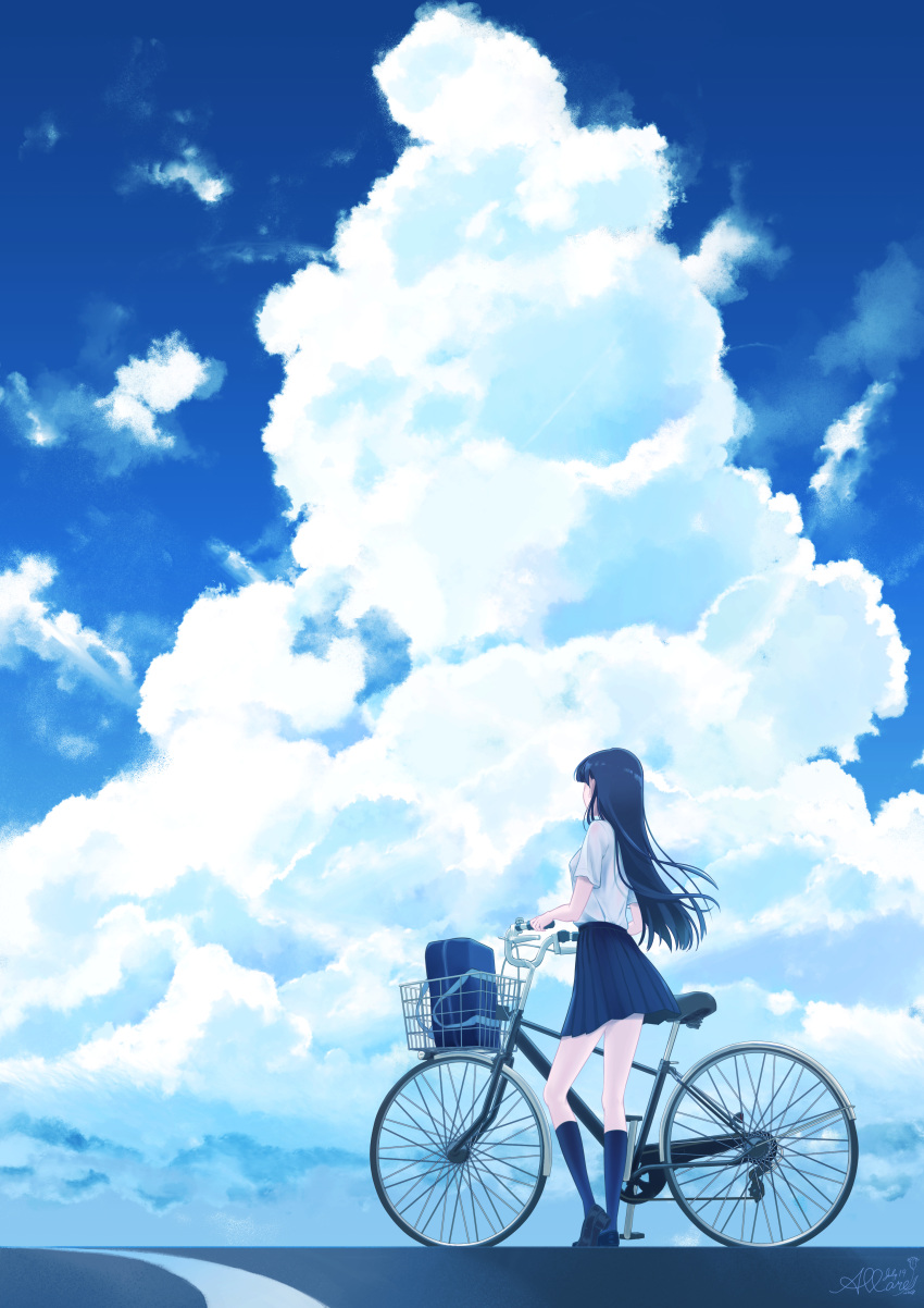 absurdres aozora_chiyo bag bicycle bicycle_basket black_footwear black_hair blue_legwear blue_skirt clouds cloudy_sky commentary_request facing_away from_below ground_vehicle highres long_hair long_image looking_afar original pleated_skirt road school_uniform shirt skirt sky white_shirt