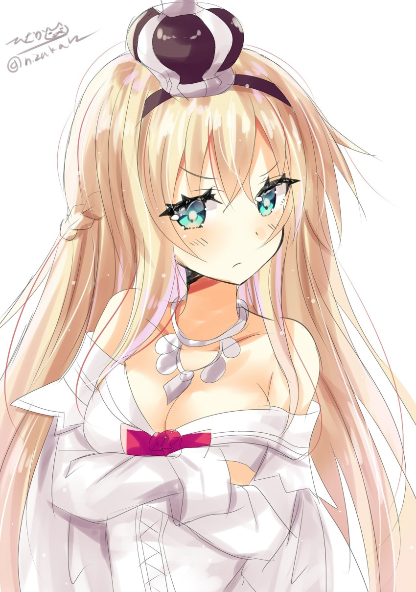 1girl blonde_hair blue_eyes blush braid breasts closed_mouth corset crown dress flower french_braid highres hizaka kantai_collection large_breasts long_hair long_sleeves looking_at_viewer mini_crown off-shoulder_dress off_shoulder red_flower red_ribbon red_rose ribbon rose simple_background solo twitter_username warspite_(kantai_collection) white_background white_dress