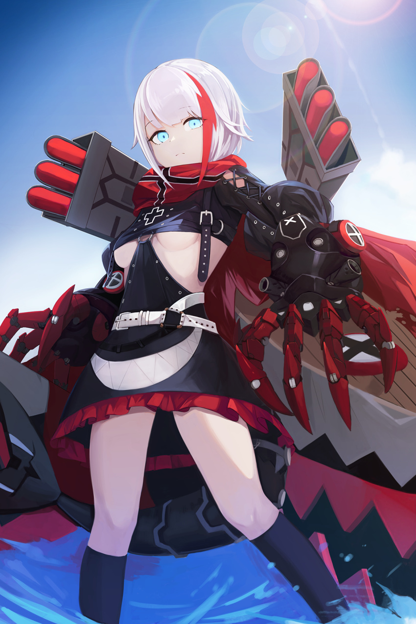 1girl admiral_graf_spee_(azur_lane) anizi_(anizi9621) azur_lane bangs black_dress blue_eyes blunt_bangs breasts claws commentary_request cross dress eyebrows_visible_through_hair frown highres looking_at_viewer multicolored_hair redhead short_hair silver_hair solo streaked_hair under_boob