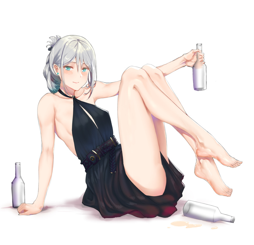 1girl an-94_(girls_frontline) aqua_eyes bangs bare_shoulders barefoot belt black_dress blush bottle breasts c.rabbit closed_mouth dress folded_ponytail girls_frontline highres legs legs_up long_hair looking_at_viewer medium_breasts sidelocks silver_hair simple_background sitting smile solo white_background