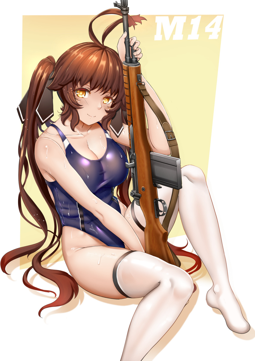 1girl absurdres alternate_costume antenna_hair bangs battle_rifle blush breasts brown_hair chiyo_goya collarbone commentary competition_swimsuit eyebrows_visible_through_hair girls_frontline gun hair_ribbon highres holding holding_weapon large_breasts long_hair looking_at_viewer m14 m14_(girls_frontline) one-piece_swimsuit personification ribbon rifle sitting skindentation smile solo sweat swimsuit thigh-highs twintails weapon wet white_legwear yellow_eyes