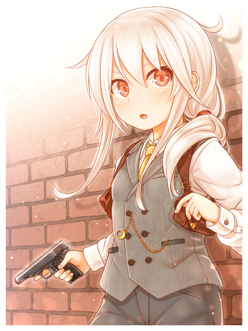 1girl absurdres alternate_costume bangs blush breasts brick_wall buttons crescent crescent_moon crescent_moon_pin crossdressinging gun handgun highres holding holding_gun holding_weapon holster kantai_collection kikuzuki_(kantai_collection) long_hair long_sleeves moon necktie open_mouth pants ponytail red_eyes shirt small_breasts solo suzushiro_(gripen39) tomboy vest weapon weapon_request white_hair white_shirt yellow_neckwear