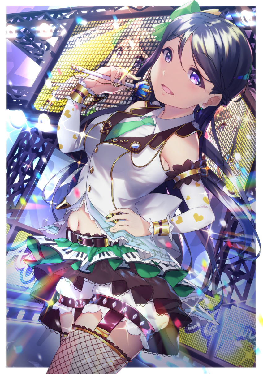1girl :d armband armlet badge belt blue_hair bow button_badge collared_shirt detached_sleeves fishnet_legwear fishnets garter_straps green_bow green_neckwear hair_bow half_updo hand_on_hip heart highres holding holding_wand long_hair looking_at_viewer love_live! love_live!_school_idol_festival love_live!_school_idol_festival_after_school_activity love_live!_sunshine!! matsuura_kanan miniskirt navel necktie open_mouth piano_print scaffolding screen shirt shorts shorts_under_skirt skirt smile solo sparkle stage_lights thigh-highs vest violet_eyes wand white_shirt white_shorts white_vest yamaori_(yamaorimon)