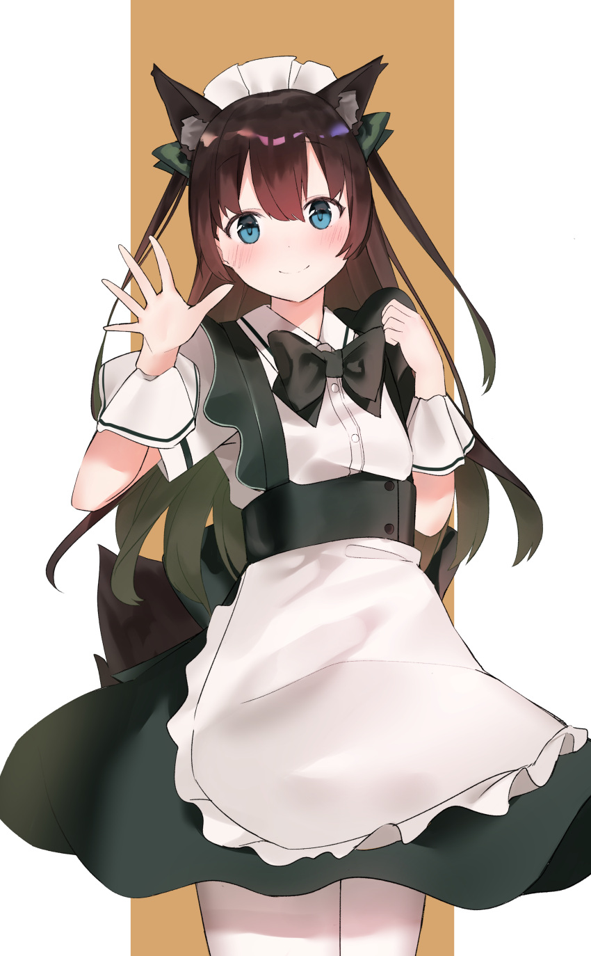 1girl absurdres animal_ears apron bangs black_neckwear black_skirt blue_eyes blush bow bowtie brown_background brown_hair closed_mouth collared_shirt commentary_request dress_shirt eyebrows_visible_through_hair fox_ears fox_girl fox_tail frilled_apron frills green_bow hair_between_eyes hair_bow hands_up highres idemitsu long_hair maid maid_headdress original pantyhose shirt short_sleeves skirt smile solo tail two-tone_background two_side_up very_long_hair waist_apron white_apron white_background white_legwear white_shirt wrist_cuffs