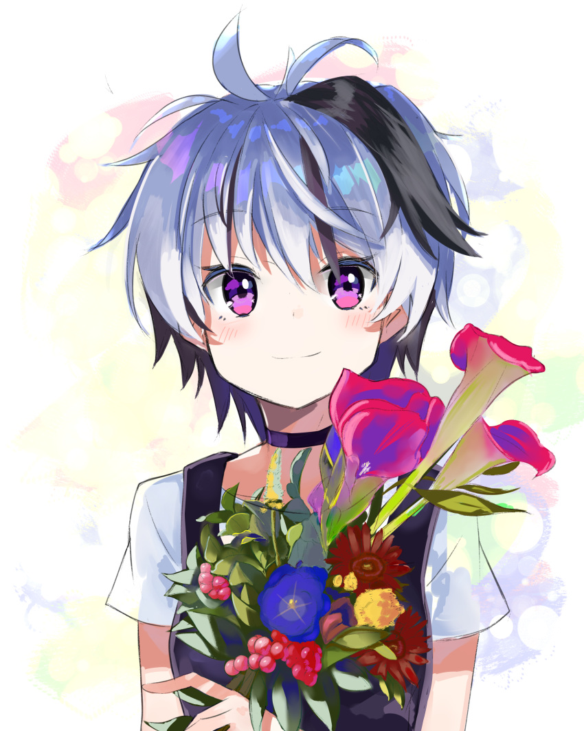 1girl absurdres berry bouquet calla_lily collar commentary dress flower flower_(vocaloid) highres holding holding_bouquet leaf lily_(flower) looking_at_viewer morning_glory multicolored_hair note55885 pinafore_dress purple_dress purple_hair shirt shirt_under_dress short_hair short_sleeves smile solo streaked_hair sunflower upper_body violet_eyes vocaloid white_hair white_shirt