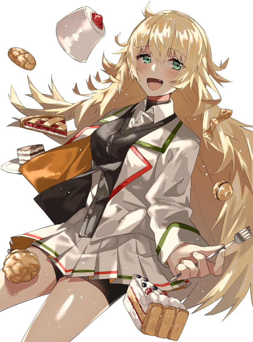 1girl aogisa bangs bike_shorts blonde_hair blush breasts buttons cake cookie dessert eyebrows_visible_through_hair fang food fork girls_frontline green_eyes highres holding holding_fork jacket long_hair long_sleeves open_mouth pie pleated_skirt s.a.t.8_(girls_frontline) shorts shorts_under_skirt simple_background skirt solo wavy_hair white_background white_skirt