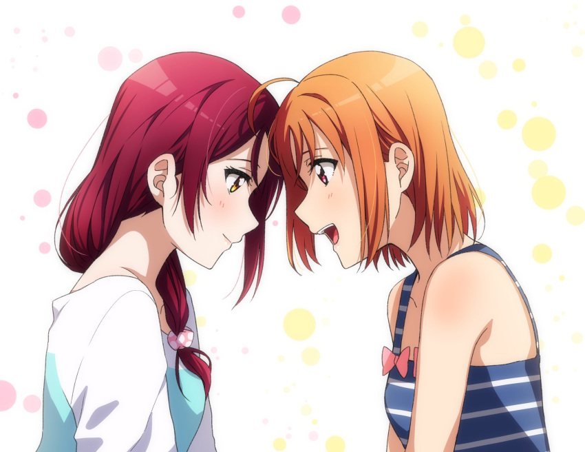 2girls :d ahoge alternate_hairstyle bangs face-to-face forehead-to-forehead from_side hair_ornament hair_over_shoulder hair_scrunchie highres kougi_hiroshi long_hair love_live! love_live!_sunshine!! low-tied_long_hair multiple_girls open_mouth orange_hair pink_scrunchie polka_dot polka_dot_scrunchie red_eyes sakurauchi_riko scrunchie shirt short_hair smile striped takami_chika upper_body yellow_eyes