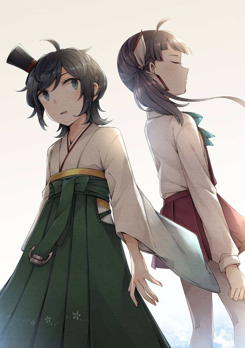 2girls ahoge anchor back-to-back bangs black_hair closed_eyes cowboy_shot dress fujinami_(kantai_collection) furisode green_eyes green_hakama grey_legwear hair_ribbon hakama hat highres japanese_clothes kantai_collection kimono long_hair machinery matsukaze_(kantai_collection) meiji_schoolgirl_uniform mini_hat mini_top_hat miroku_san-ju multiple_girls pantyhose pleated_dress purple_dress ribbon school_uniform shirt short_hair side_ponytail sleeveless sleeveless_dress standing swept_bangs top_hat wavy_hair white_kimono white_ribbon white_shirt