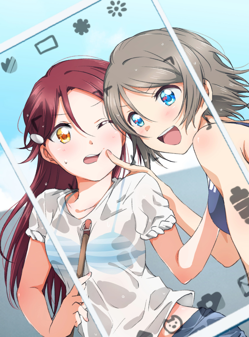 2girls :d absurdres bikini bikini_under_clothes blue_eyes fake_screenshot finger_to_another's_cheek grey_hair hair_ornament hairclip highres holding_mop long_hair looking_at_viewer love_live! love_live!_sunshine!! multiple_girls one_eye_closed open_mouth redhead sakurauchi_riko shirt short_hair short_sleeves smile swimsuit taking_picture upper_body watanabe_you wet white_shirt yellow_eyes yuchi_(salmon-1000)