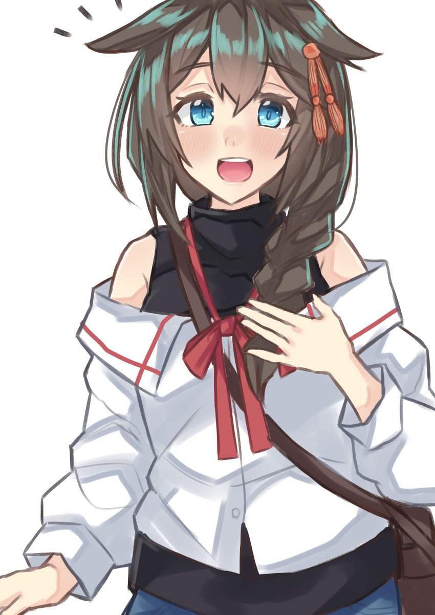 1girl absurdres ahoge bag black_hair black_shirt blue_eyes blue_skirt braid commentary_request cowboy_shot dokuganryuu hair_flaps hair_over_shoulder hand_on_own_chest highres kantai_collection layered_shirt long_hair long_sleeves looking_at_viewer off-shoulder_shirt off_shoulder open_mouth remodel_(kantai_collection) round_teeth shigure_(kantai_collection) shirt simple_background single_braid skirt sleeveless sleeveless_shirt smile solo teeth turtleneck upper_teeth white_background white_shirt