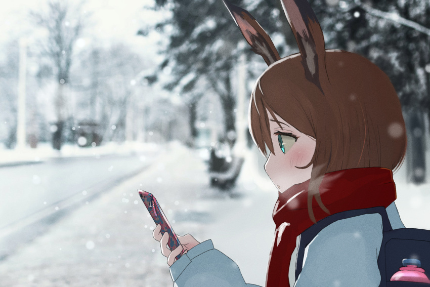 1girl amiya_(arknights) animal_ears arknights backpack bag bangs blue_eyes blurry blurry_background breath brown_hair cellphone commentary_request day depth_of_field eyebrows_visible_through_hair hair_between_eyes hasibiro_5 highres holding holding_phone jacket long_sleeves outdoors parted_lips phone puffy_long_sleeves puffy_sleeves rabbit_ears red_scarf scarf sleeves_past_wrists snow snowing solo upper_body white_jacket