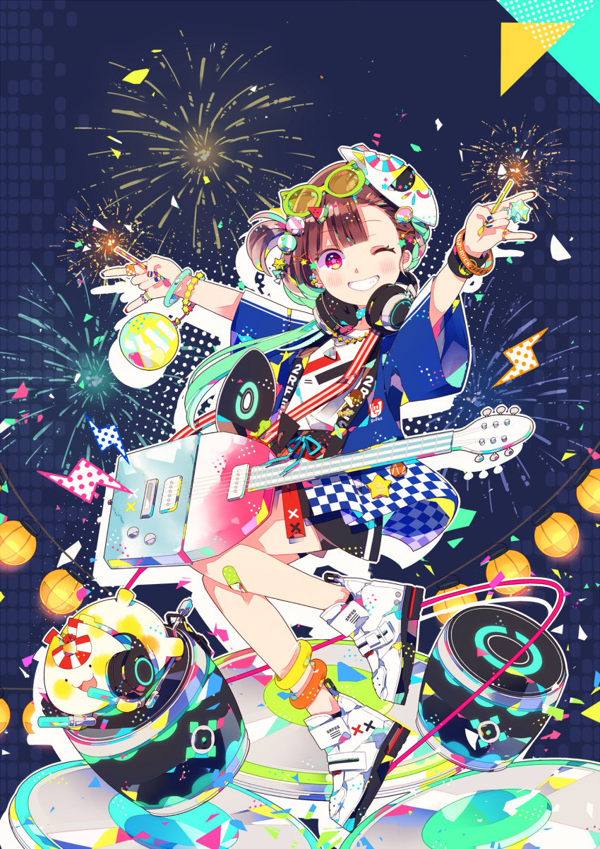 1girl arms_up blush brown_hair collar electric_guitar fireworks glasses guitar headphones hghrttm highres instrument multicolored multicolored_clothes multicolored_eyes original shoes