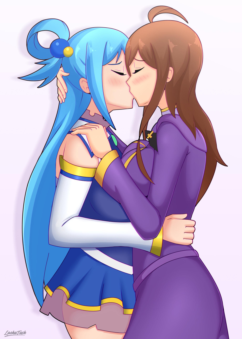 2girls absurdres ahoge aqua_(konosuba) artist_name blue_hair blue_skirt blush breasts brown_hair closed_eyes dress hair_bobbles hair_ornament hand_on_another's_head hand_on_another's_hip hand_on_another's_shoulder highres hug kiss kono_subarashii_sekai_ni_shukufuku_wo! lackatask large_breasts long_hair miniskirt multiple_girls no_panties purple_dress shiny shiny_hair simple_background skirt standing white_background wiz_(konosuba) yuri