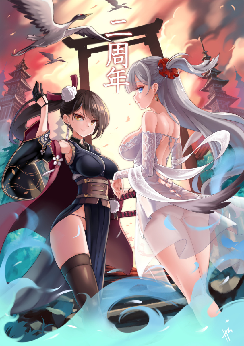 2girls architecture arm_up azur_lane bare_shoulders bird black_panties blue_dress blue_eyes blue_fire breasts brown_hair clouds cloudy_sky commentary_request crane_(animal) detached_sleeves dress earrings east_asian_architecture eyebrows_visible_through_hair fire gloves hair_between_eyes hair_ornament highres jewelry large_breasts looking_at_viewer looking_to_the_side multiple_girls no_panties one_side_up orange_eyes panties phandit_thirathon ponytail scrunchie see-through shoukaku_(azur_lane) silver_hair sky sleeveless sleeveless_dress sword thigh-highs torii translated underwear weapon white_dress wide_sleeves zuikaku_(azur_lane)