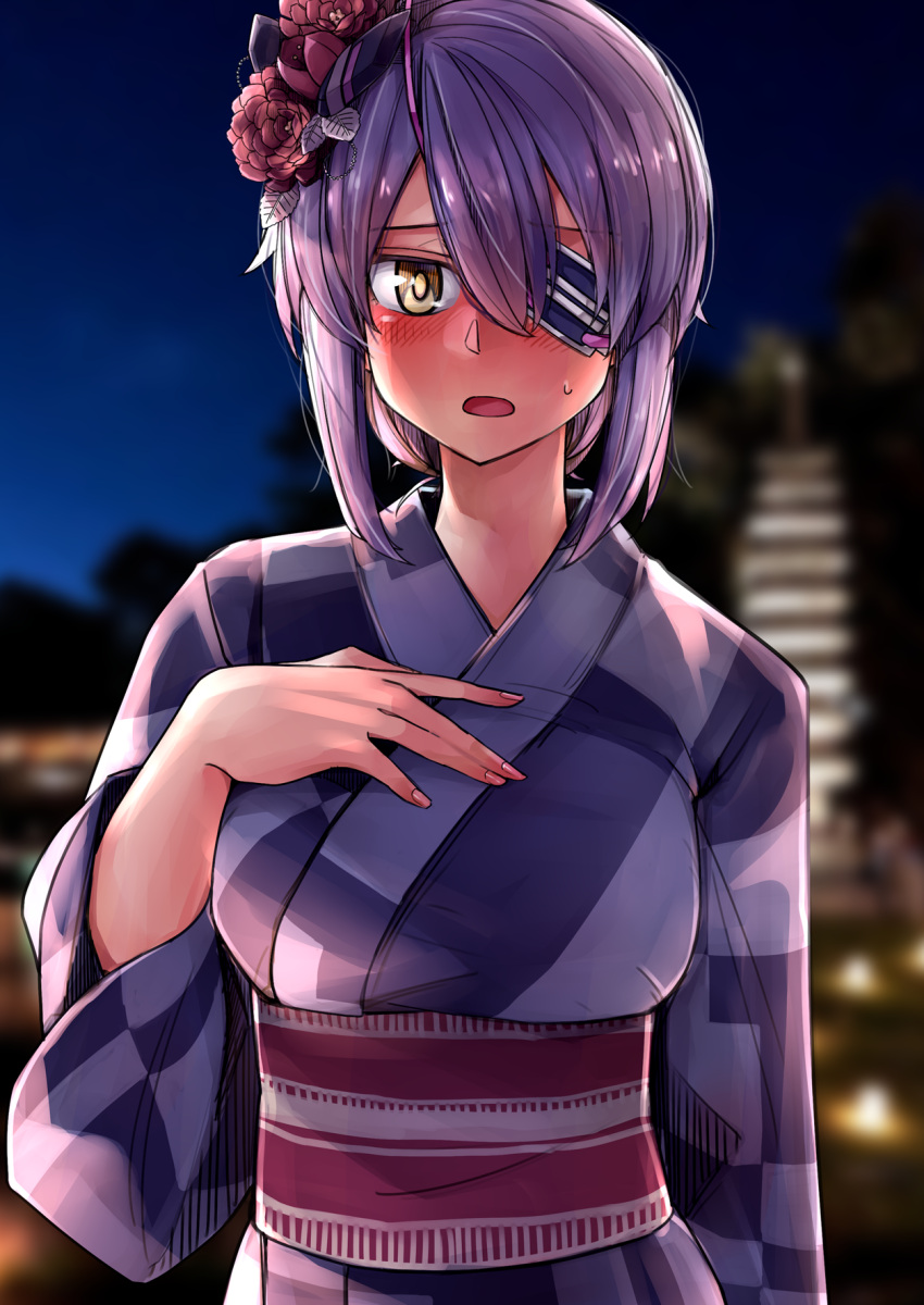 1girl alternate_costume bangs blurry blurry_background blush breasts eyebrows_visible_through_hair eyepatch fingernails flower hair_between_eyes hair_flower hair_ornament hand_on_own_chest highres japanese_clothes kantai_collection kimono leaf night obi open_mouth outdoors purple_hair purple_kimono red_flower sash short_hair solo sweat tadd_(tatd) tenryuu_(kantai_collection) wide_sleeves yellow_eyes yukata