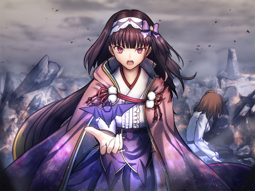 2girls bangs bat battle_damage blood blood_on_face bow brown_hair chaldea_uniform cloak eyebrows_visible_through_hair fate/grand_order fate_(series) fujimaru_ritsuka_(female) gradient_hair hair_bow hair_ornament hairband hood long_hair long_sleeves migiha multicolored_hair multiple_girls open_mouth orange_hair origami osakabe-hime_(fate) pink_cloak red_eyes scrunchie short_hair side_ponytail skirt very_long_hair