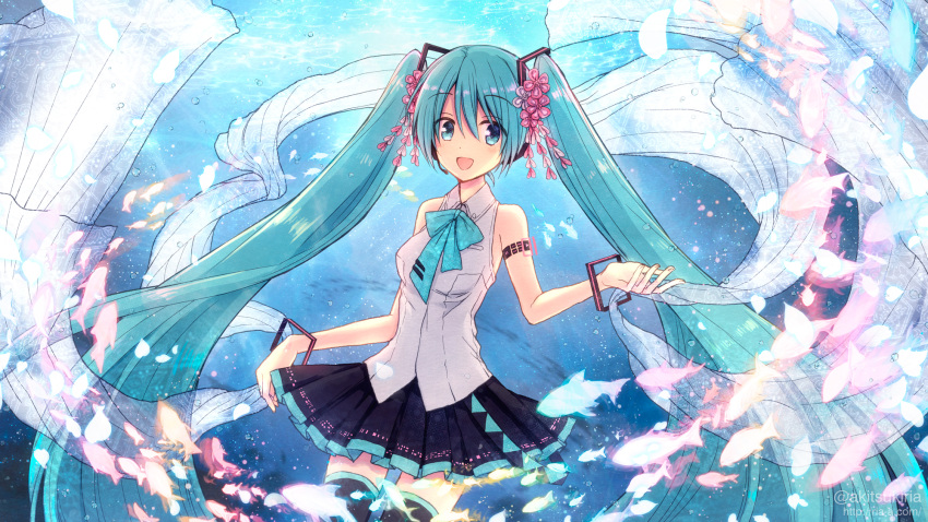 1girl :d akitsuki_ria aqua_eyes aqua_hair aqua_neckwear black_footwear black_skirt boots bow bowtie cowboy_shot eyebrows_visible_through_hair flower hair_flower hair_ornament hatsune_miku highres long_hair looking_to_the_side open_mouth pleated_skirt skirt sleeveless smile solo thigh-highs thigh_boots twintails very_long_hair vocaloid