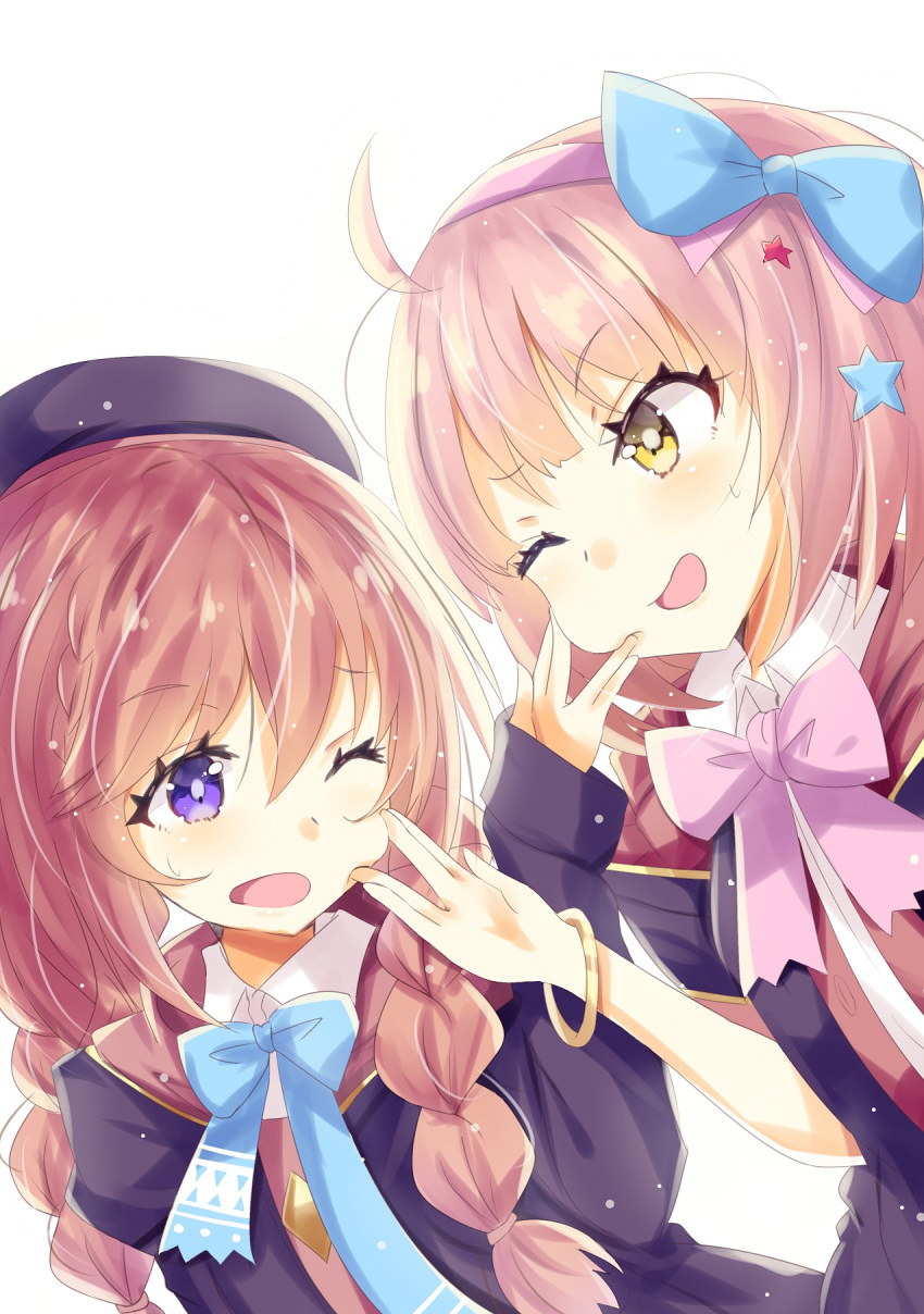 2girls ;d ahoge beret black_headwear blue_bow bow bowtie braid brown_hair character_request eyebrows_visible_through_hair hair_bow hair_ornament hair_over_shoulder hairband hat highres hizaka light_brown_hair looking_at_another multiple_girls one_eye_closed open_mouth pink_bow pink_hairband princess_connect! princess_connect!_re:dive simple_background smile star star_hair_ornament twin_braids upper_body violet_eyes white_background yellow_eyes