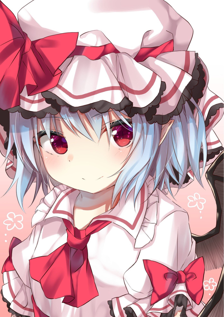 1girl ascot bangs bat_wings blue_hair blush bow commentary_request dress eyebrows_visible_through_hair frilled_shirt_collar frills gradient gradient_background hair_between_eyes hat hat_ribbon highres looking_at_viewer mob_cap partial_commentary pink_background pointy_ears puffy_short_sleeves puffy_sleeves raina_017 red_bow red_eyes red_neckwear red_ribbon remilia_scarlet ribbon short_hair short_sleeves sidelocks smile solo touhou upper_body white_background white_dress white_headwear wings