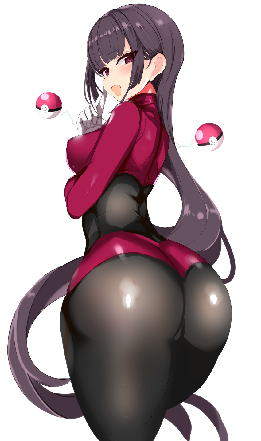 1girl absurdres ass bangs black_bodysuit blunt_bangs blush bodysuit breasts commentary eyebrows_visible_through_hair fafas68 floating from_behind gloves gym_leader highres large_breasts levitation long_hair long_sleeves looking_at_viewer natsume_(pokemon) open_mouth pantyhose plump poke_ball poke_ball_(generic) pokemon pokemon_(game) pokemon_frlg simple_background solo telekinesis thick_thighs thighs white_background white_gloves