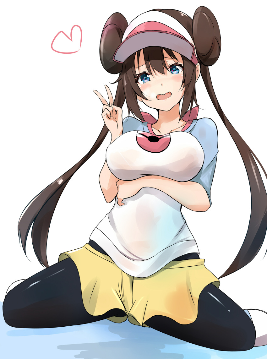 1girl absurdres blue_eyes blush breast_hold breasts brown_hair double_bun flustered heart highres large_breasts long_hair looking_at_viewer mei_(pokemon) open_mouth pokemon raglan_sleeves saku_(kudrove) sitting skirt smile solo twintails v visor_cap wariza