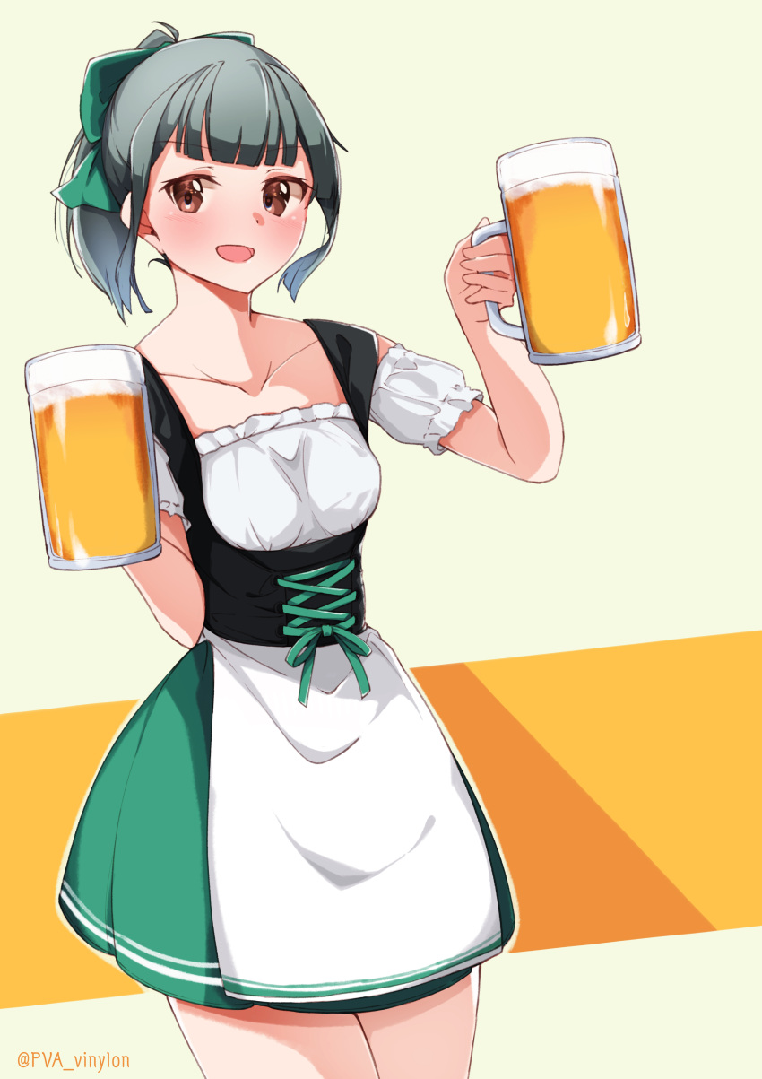 1girl absurdres alcohol apron barmaid beer beer_mug bow brown_eyes commentary_request cowboy_shot dirndl dress german_clothes green_skirt grey_hair hair_bow highres kantai_collection looking_at_viewer ponytail short_hair short_ponytail skirt smile solo twitter_username two-tone_background uut white_apron white_background yuubari_(kantai_collection)