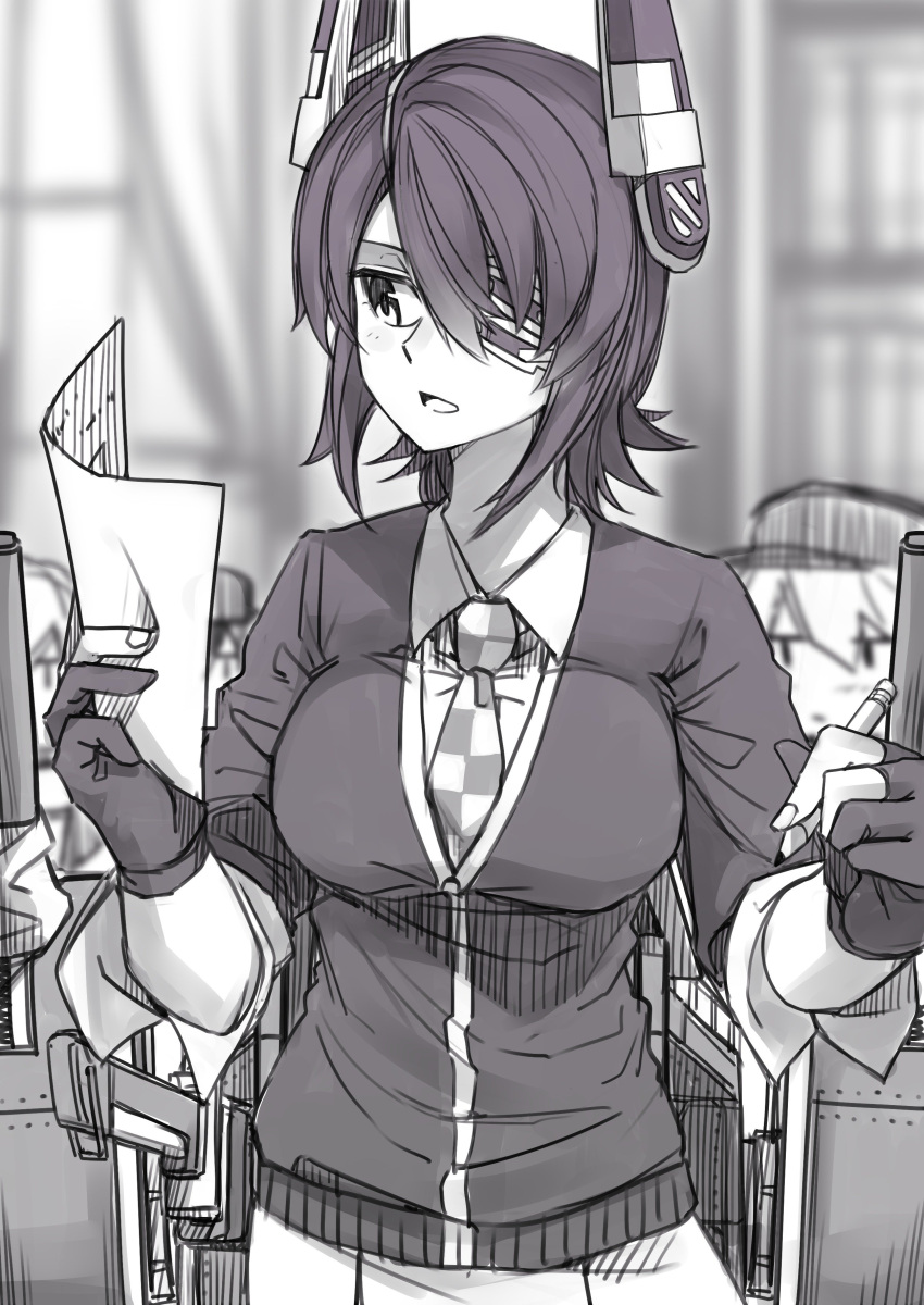 4girls absurdres cardigan checkered checkered_neckwear commentary_request cowboy_shot eyepatch gloves headgear hibiki_(kantai_collection) highres kantai_collection machine monochrome multiple_girls necktie open_mouth paper partly_fingerless_gloves reading school_uniform short_hair solo_focus tadd_(tatd) tenryuu_(kantai_collection)