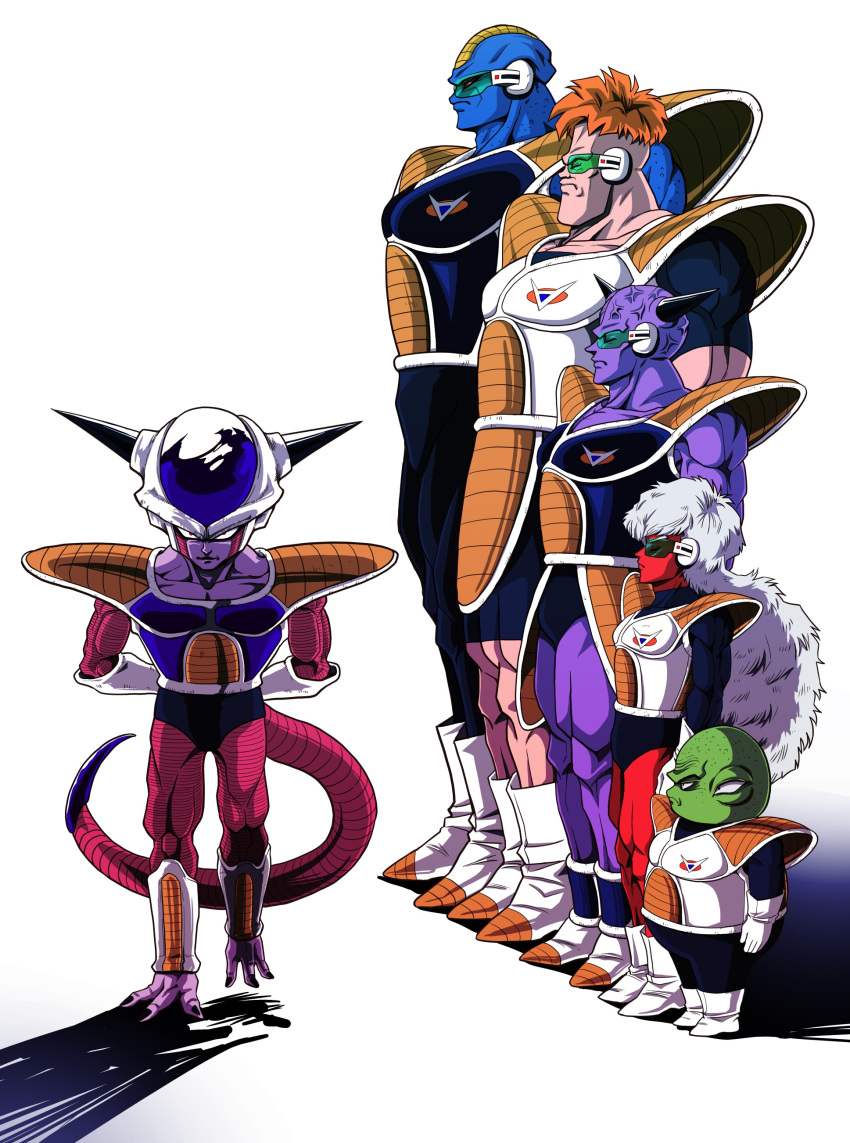 6+boys absurdres alien armor arms_behind_back blue_skin boots brown_hair burter captain_ginyu closed_eyes collarbone commentary_request dragon_ball dragon_ball_z frieza ginyu_force green_skin guldo height_difference highres jeice lineup long_hair multiple_boys muscle pink_skin purple_skin recoome red_eyes red_skin scouter serious shadow shinomiya_akino simple_background skin_tight spikes tail veins white_background white_hair