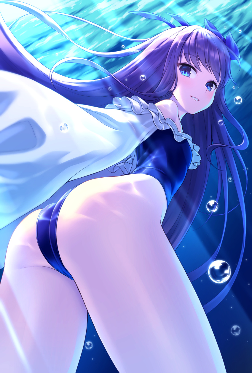 1girl air_bubble ass blue_eyes blue_swimsuit bubble commentary_request fate/grand_order fate_(series) freediving frilled_sleeves frills from_behind hair_ribbon highleg highleg_swimsuit highres light_rays long_hair meltryllis meltryllis_(swimsuit_lancer)_(fate) ocean one-piece_swimsuit purple_hair ribbon skindentation solo strapless strapless_swimsuit submerged swimsuit thighs tomo_(user_hes4085) underwater very_long_hair violet_eyes water