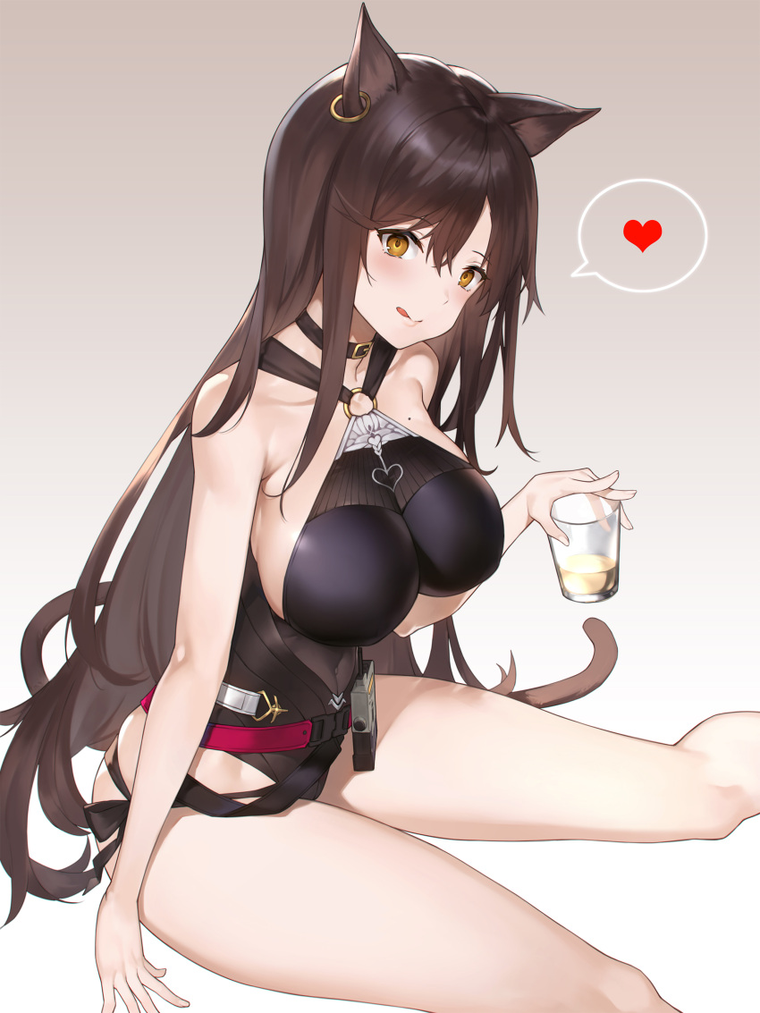 1girl :q absurdres animal_ears arknights bangs bare_shoulders belt black_swimsuit blush breasts brown_eyes brown_hair collar cup drinking_glass earrings hair_between_eyes heart highres jewelry long_hair looking_at_viewer mole mole_on_breast navel one-piece_swimsuit sitting skyfire_(arknights) smile solo spoken_heart swimsuit tongue tongue_out very_long_hair walkie-talkie yykuaixian