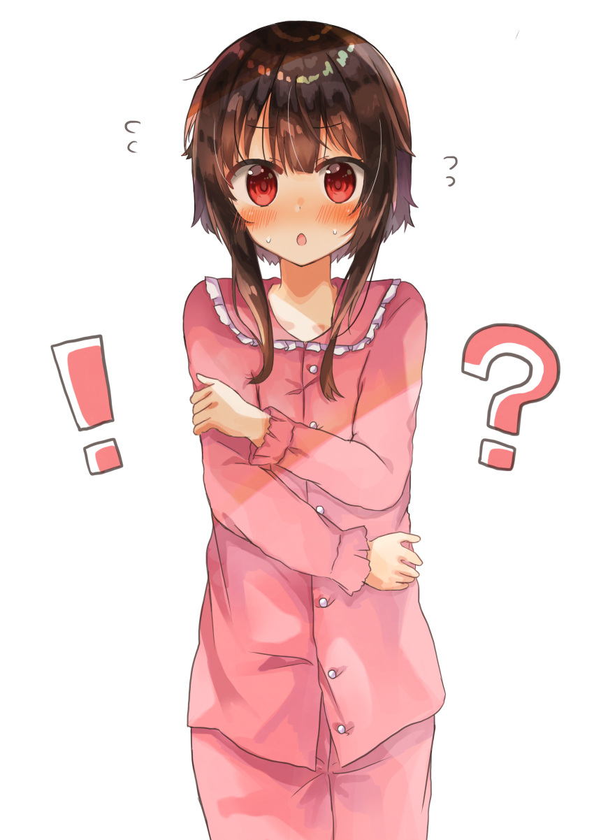 !? 1girl absurdres blush brown_hair cowboy_shot eyebrows_visible_through_hair flat_chest highres kono_subarashii_sekai_ni_shukufuku_wo! looking_at_viewer medium_hair megumin open_mouth pajamas red_eyes simple_background solo sweat white_background yuno_(suke_yuno)