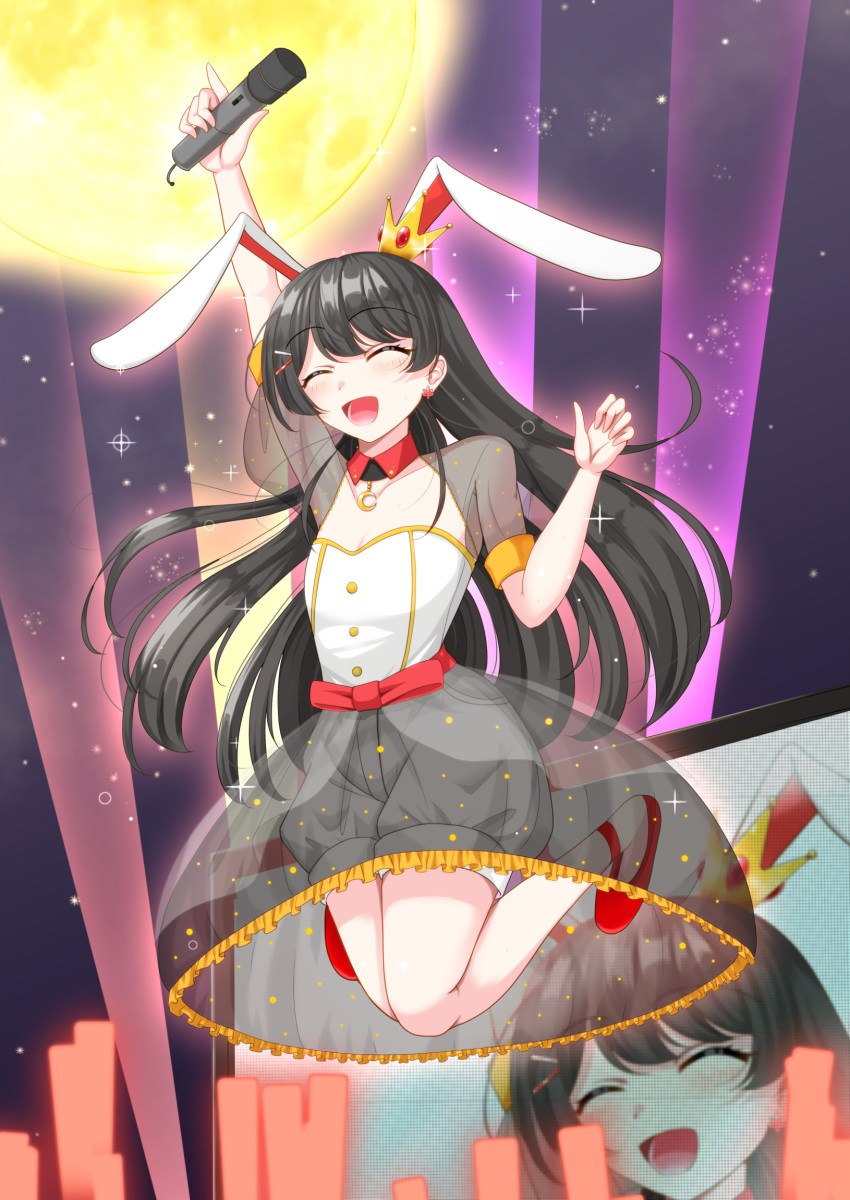 1girl animal_ears archienemy arm_up black_hair blush closed_eyes crescent_moon crown earrings eyebrows_visible_through_hair flat_chest full_moon highres holding holding_microphone jewelry jumping long_hair microphone mini_crown moon night night_sky nijisanji open_mouth rabbit_ears screen see-through see-through_sleeves short_sleeves sky smile solo tsukino_mito virtual_youtuber