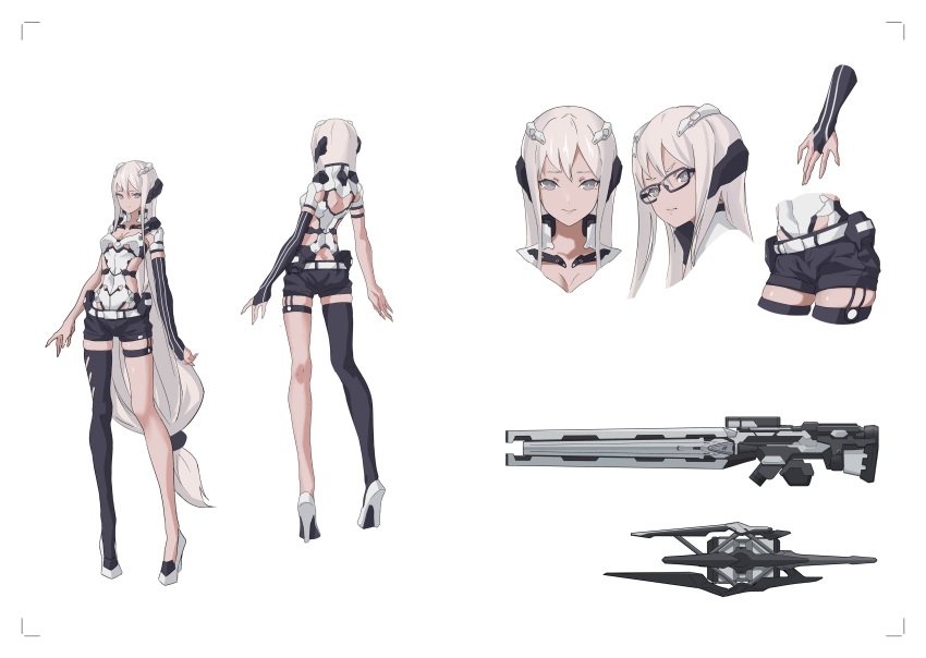 1girl absurdres black_gloves black_legwear cancell character_sheet elbow_gloves full_body glasses gloves grey_eyes hair_ornament high_heels highres impossible_clothes long_hair original science_fiction shorts single_glove single_thighhigh skin_tight smelling thigh-highs weapon white_hair