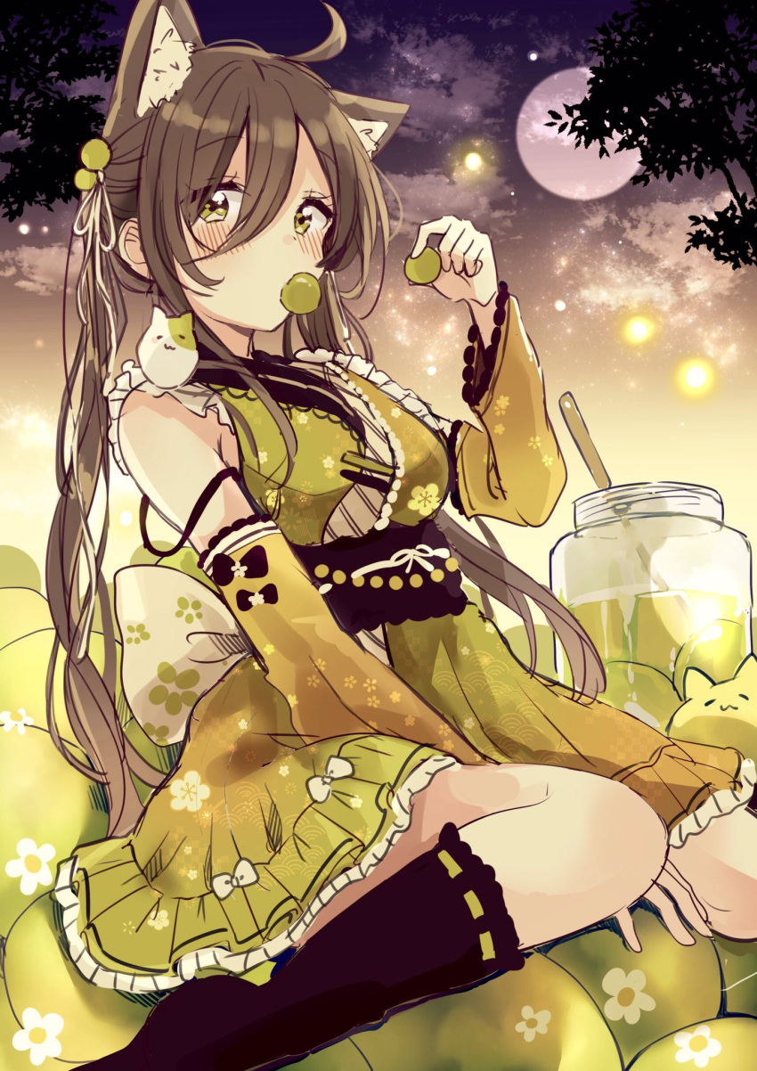 1girl ahoge animal_ear_fluff animal_ears bangs bare_shoulders between_legs black_bow black_legwear black_sky blush bottle bow breasts brown_hair brown_sky cat_ears clouds commentary_request detached_sleeves eyebrows_visible_through_hair food food_in_mouth full_moon gradient_sky green_eyes green_kimono green_sleeves hair_between_eyes hair_ribbon hand_between_legs highres holding holding_food japanese_clothes kimono kimono_skirt kneehighs long_hair long_sleeves medium_breasts moon mouth_hold no_shoes obi original personification plum ribbon ribbon-trimmed_legwear ribbon_trim sakura_oriko sash sitting sky sleeveless sleeveless_kimono solo twintails very_long_hair wariza white_bow white_ribbon wide_sleeves