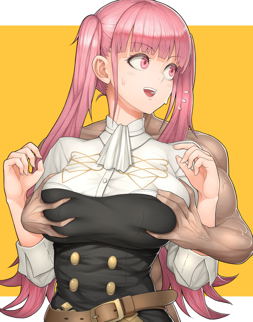 1boy 1girl absurdres belt breasts deep_skin eyebrows_visible_through_hair fire_emblem fire_emblem:_three_houses highres hilda_valentine_goneril large_breasts long_hair looking_back mogtate neckerchief open_mouth orange_background pink_eyes pink_hair shirt simple_background solo_focus sweatdrop twintails upper_body