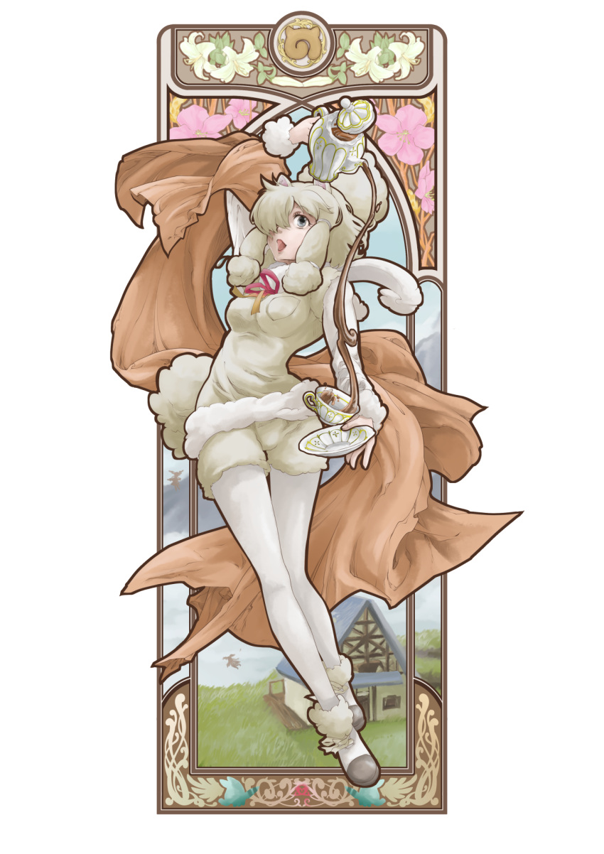 2girls alpaca_ears alpaca_suri_(kemono_friends) alpaca_tail animal_ears arm_up art_nouveau blonde_hair blue_eyes bodystocking breast_pocket chiki_yuuko commentary_request cup decantering full_body fur-trimmed_footwear fur-trimmed_sleeves fur_scarf fur_trim hair_bun highres holding holding_saucer horizontal_pupils japanese_crested_ibis_(kemono_friends) japari_symbol kemono_friends long_sleeves looking_up medium_hair multiple_girls neck_ribbon open_mouth pocket pouring ribbon saucer scarf shawl shoes shorts silhouette solo_focus sweater_vest tail teacup teapot